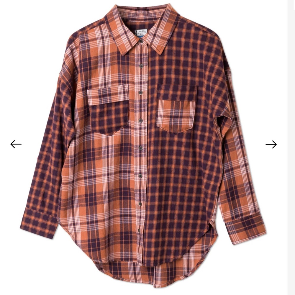 KAVU Oakheart Hi-Low mixed pattern shirt.  Size L. Huckleberry Ridge.  NWT.